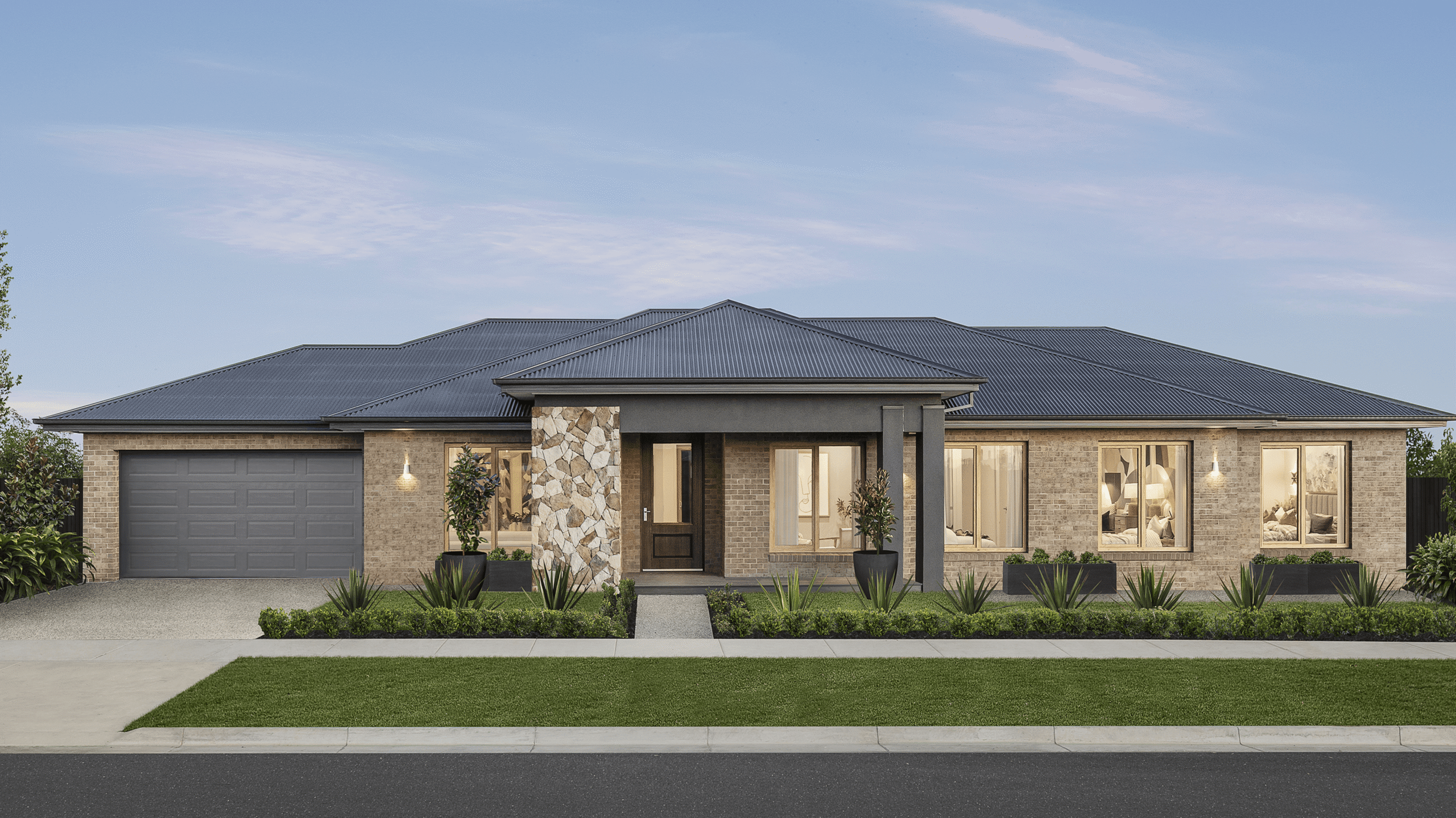 grey front modern facade for single story home with single car automatic garage