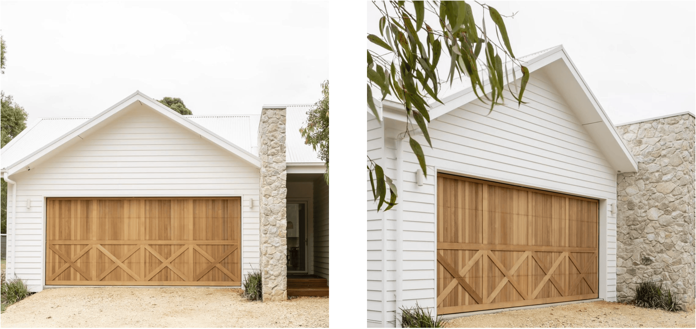 white weatherboard suburban home with barn style automatic garage door